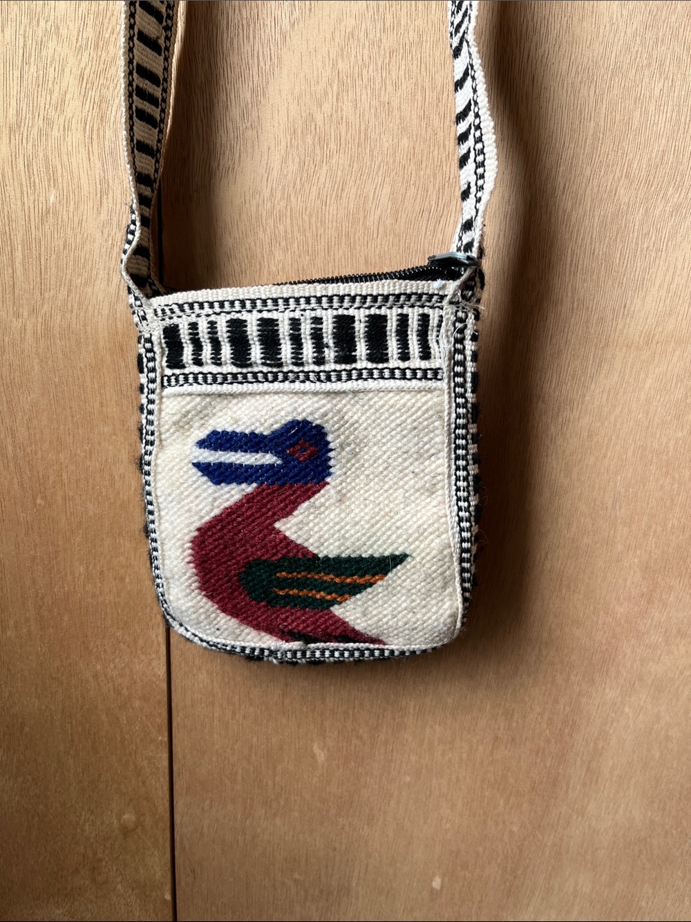 Handwoven Cream Crossbody Bag with Colorful Bird Motif